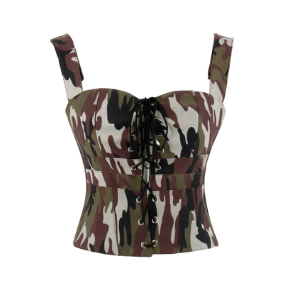 A camouflage corset bustier top with adjustable shoulder straps, a sweetheart neckline, and front lace-up detailing, shown against a plain white background.