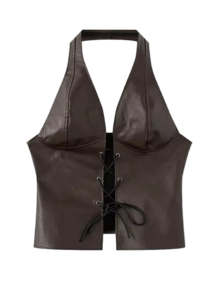 Brown leather halter top with lace-up front on a white background