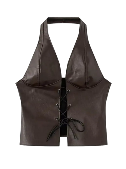 Brown leather halter top with lace-up front on a white background
