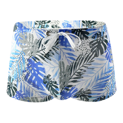 Floral-patterned boxer briefs with tropical leaf and flower design.