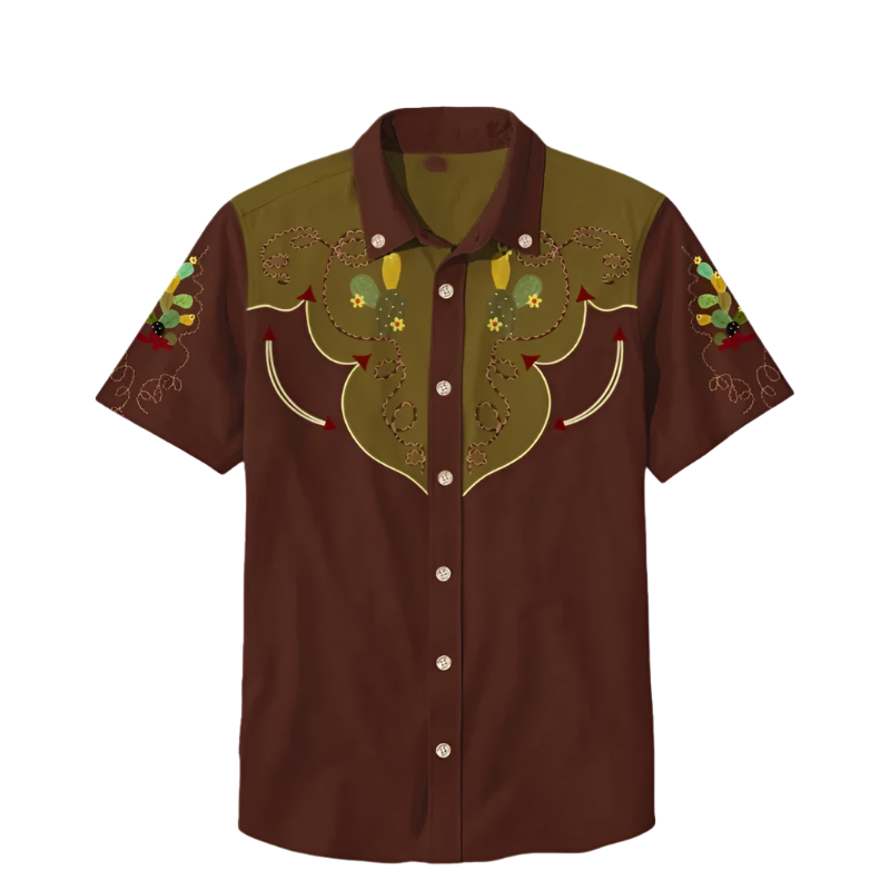 Retro men's denim Hawaiian shirt with 3D ethnic academy casual short sleeved lapel button Y2K streetwear design for resort entertainment