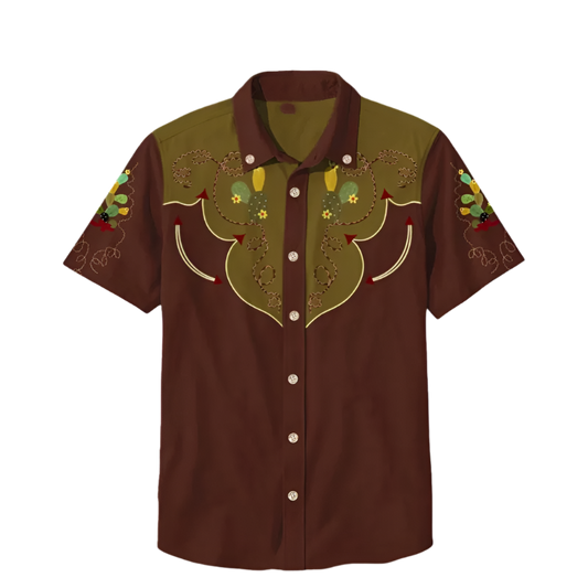 Retro men's denim Hawaiian shirt with 3D ethnic academy casual short sleeved lapel button Y2K streetwear design for resort entertainment