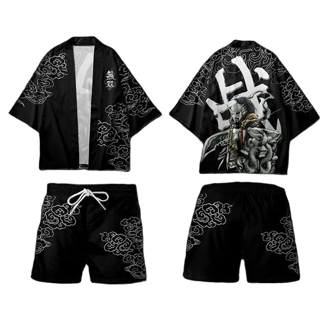 Black kimono-style outfit with white designs on a white background