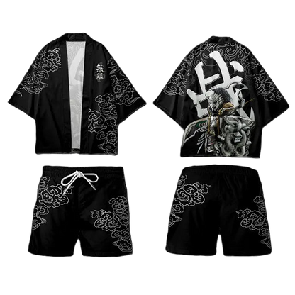 Black kimono-style outfit with white designs on a white background