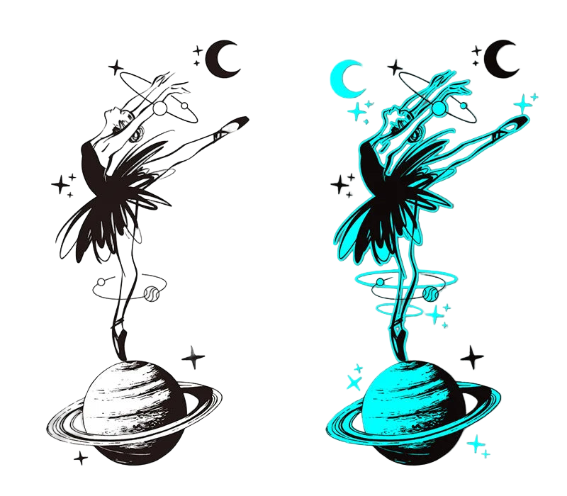 Black and white tattoo design of a dancer on a planet with blue and black tattoo design on gray background.