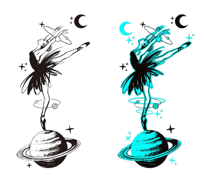 Black and white tattoo design of a dancer on a planet with blue and black tattoo design on gray background.