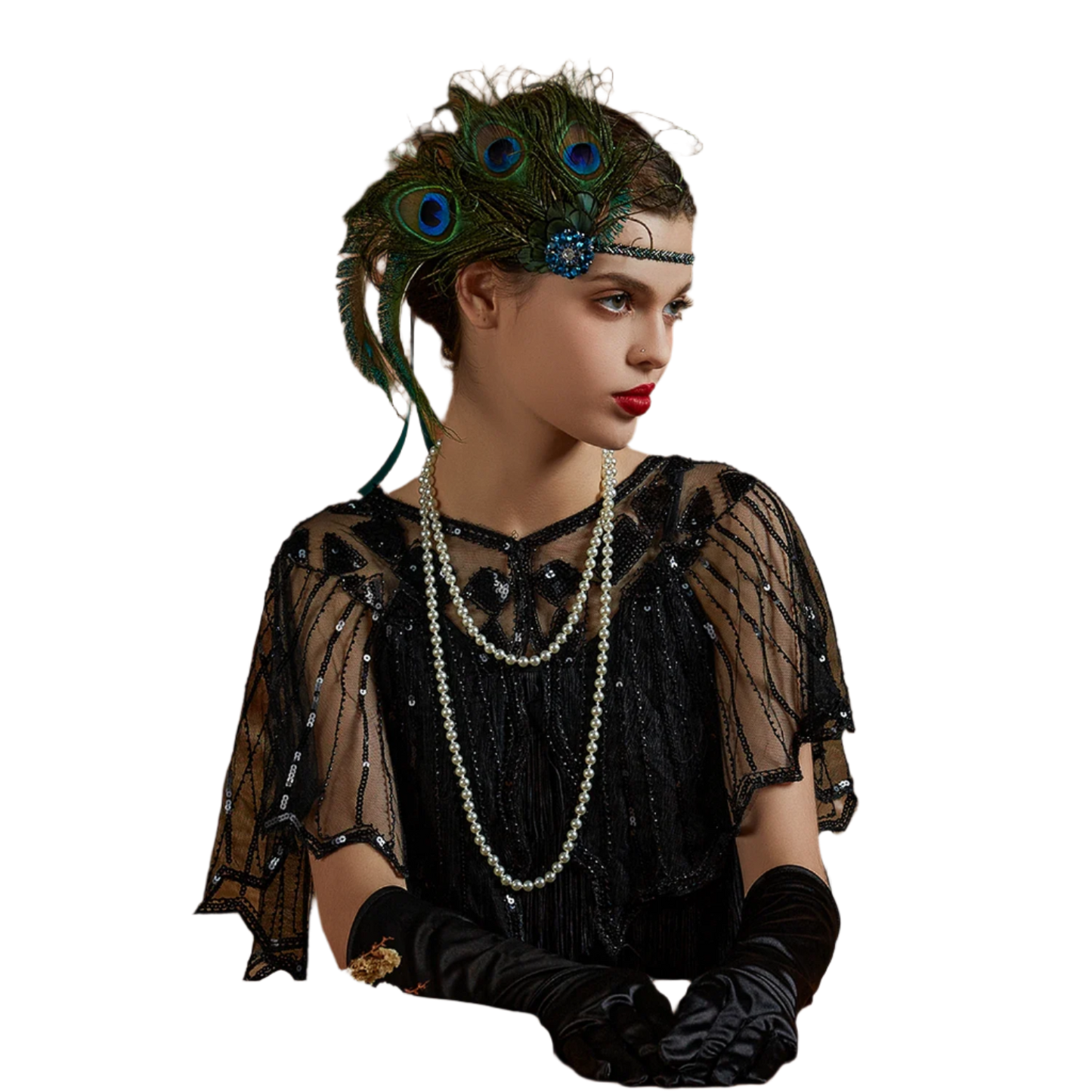 Luxurious peacock feather headband with rhinestones and tassels for exotic Gatsby resort theme nights

