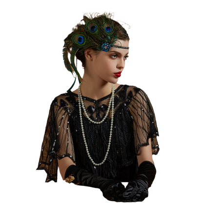 Luxurious peacock feather headband with rhinestones and tassels for exotic Gatsby resort theme nights

