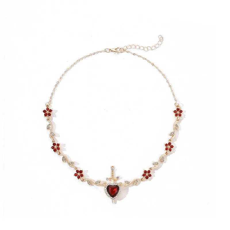 Couple Heart and Sword Necklace Set for Women Men, Zircon Crystal Heart Rose Flower Jewelry Birthday Valentine's Day Gifts