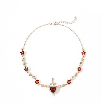 Couple Heart and Sword Necklace Set for Women Men, Zircon Crystal Heart Rose Flower Jewelry Birthday Valentine's Day Gifts