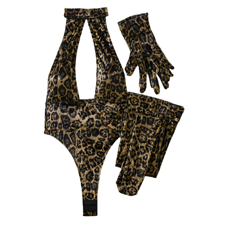  luxury leopard print 5-piece set featuring deep-V halter bodysuit with matching gloves and stockings for intimate occasions
