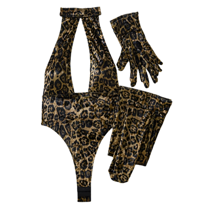  luxury leopard print 5-piece set featuring deep-V halter bodysuit with matching gloves and stockings for intimate occasions
