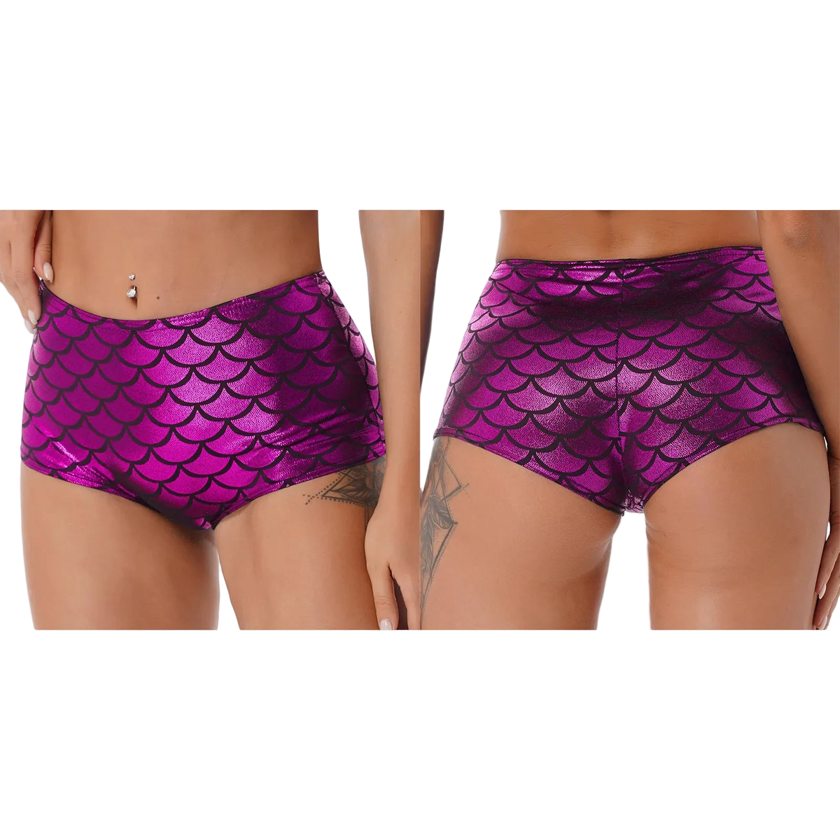Two views of a model wearing high-waisted bikini bottoms with a metallic magenta and black mermaid scale pattern, shown against a plain white background.
