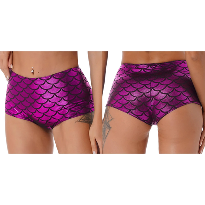 Two views of a model wearing high-waisted bikini bottoms with a metallic magenta and black mermaid scale pattern, shown against a plain white background.
