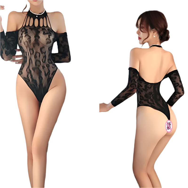 Fierce & Flirty Leopard Print Mesh Bodysuit with integrated straps and sheer lace details for resort wear