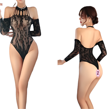 Fierce & Flirty Leopard Print Mesh Bodysuit with integrated straps and sheer lace details for resort wear