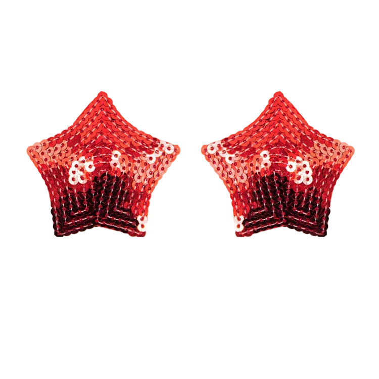 Pair of red star-shaped sequin earrings on a white background