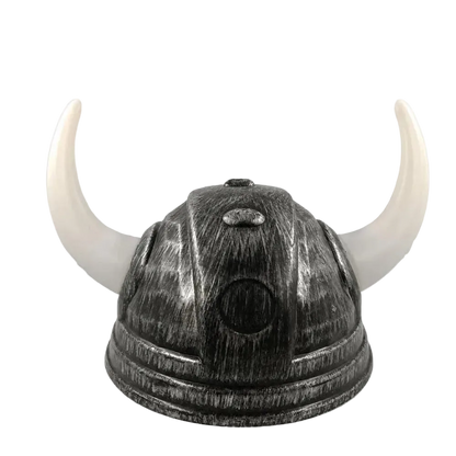 A Viking-style horned helmet with a distressed black and gray metallic finish and curved white horns, shown against a plain white background.