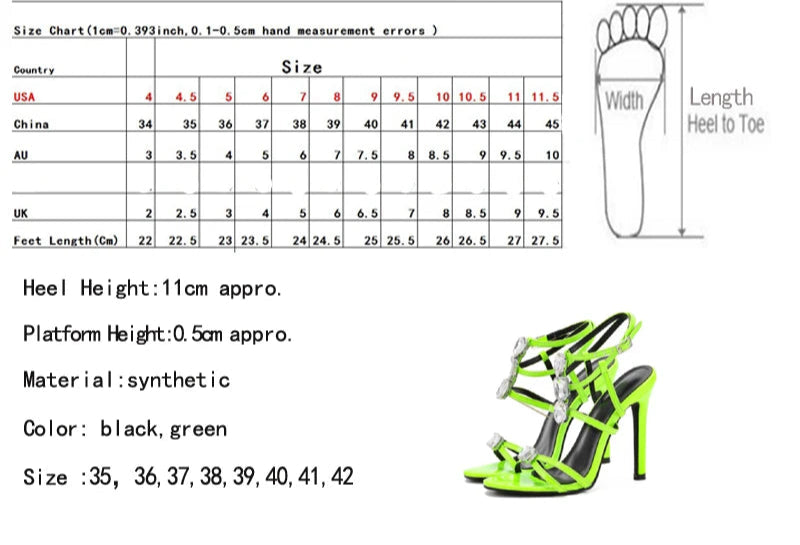 Shoe size chart for women's shoes with a neon green high-heeled shoe on a beige background.