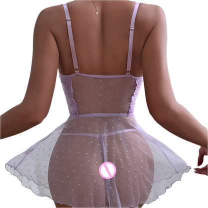 Translucent purple lingerie set with floral design on a white background