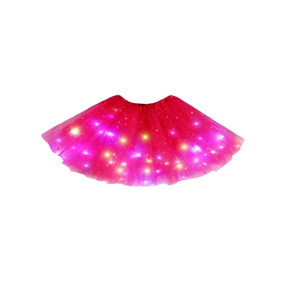 LED Light-Up Skirt: A black skirt featuring colorful LED lights embedded within, creating a twinkling effect with various colors like pink, green, and blue.

