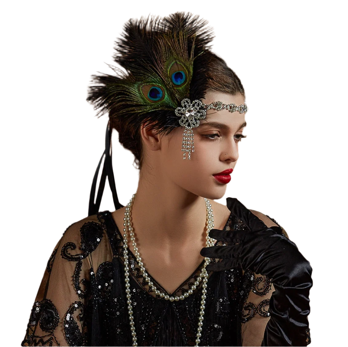 Luxurious peacock feather headband with rhinestones and tassels for exotic Gatsby resort theme nights

