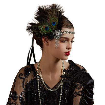 Luxurious peacock feather headband with rhinestones and tassels for exotic Gatsby resort theme nights

