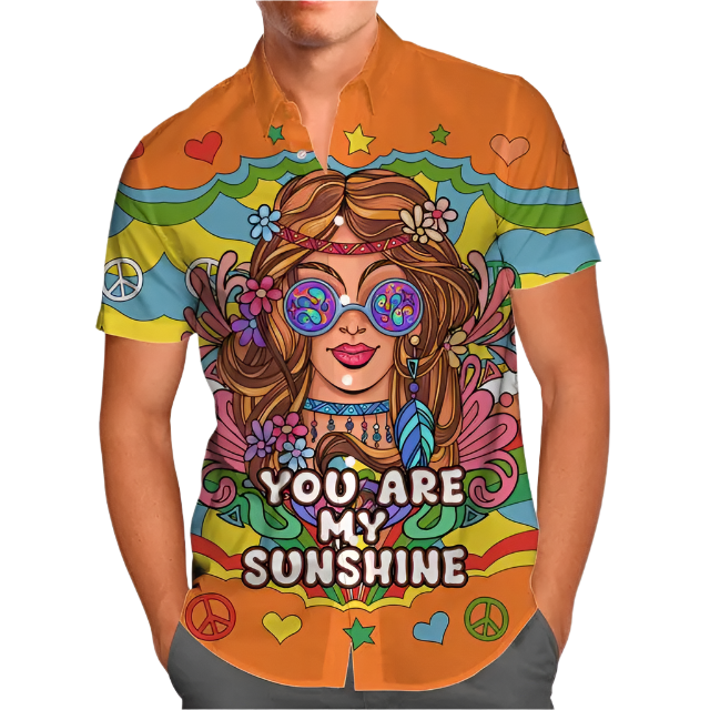 hippie girl sunflower 3D Hawaiian shirt in oversized 5XL sizing for inclusive resort summer fashion