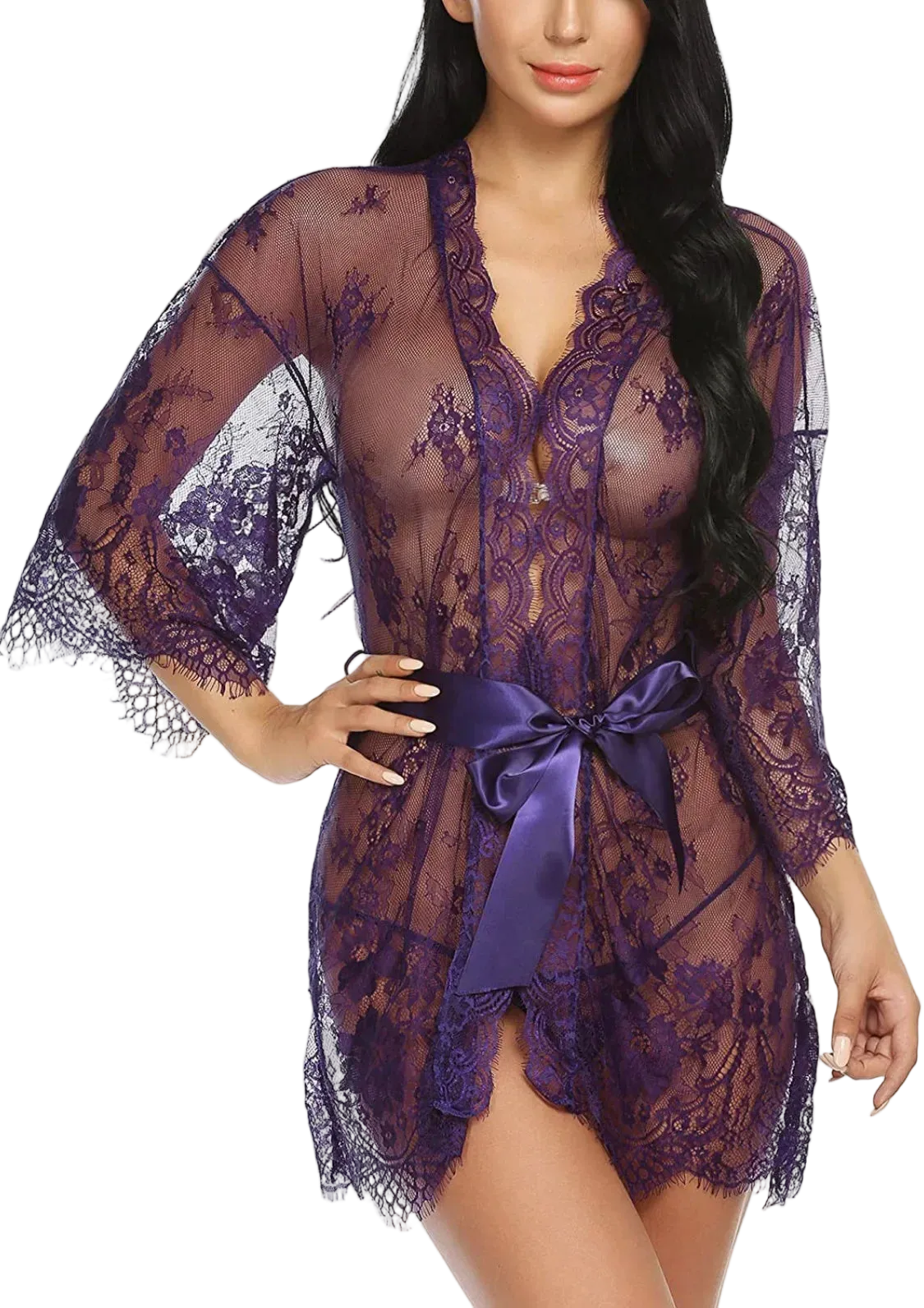 Purple lace lingerie set with a satin ribbon on a white background