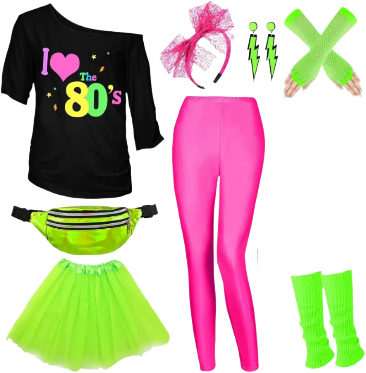 Collection of 1980s-themed clothing and accessories on a white background