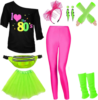 Collection of 1980s-themed clothing and accessories on a white background