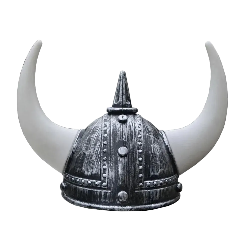 A Viking-style horned helmet with a weathered dark gray and black metallic crown and two curved white horns, shown against a plain white background.