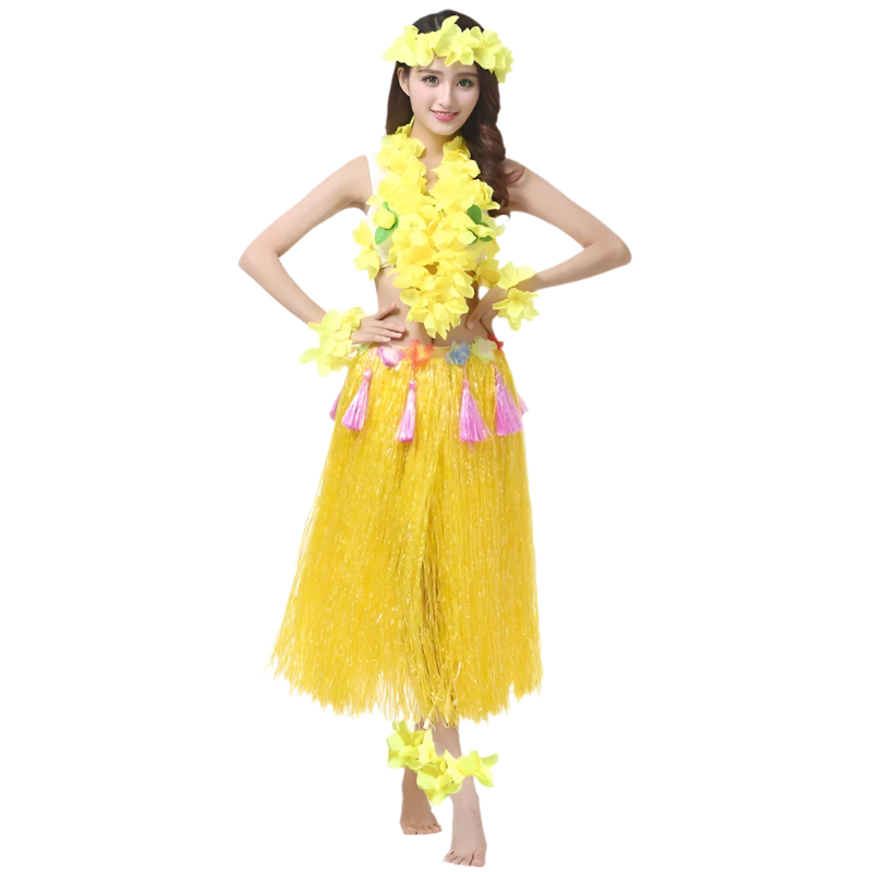 colorful hula outfits. Each ensemble includes a vibrant floral top, matching lei, and a grass skirt in pink, yellow, red, and blue, with floral headpieces and bracelets.