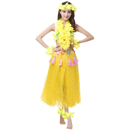 colorful hula outfits. Each ensemble includes a vibrant floral top, matching lei, and a grass skirt in pink, yellow, red, and blue, with floral headpieces and bracelets.