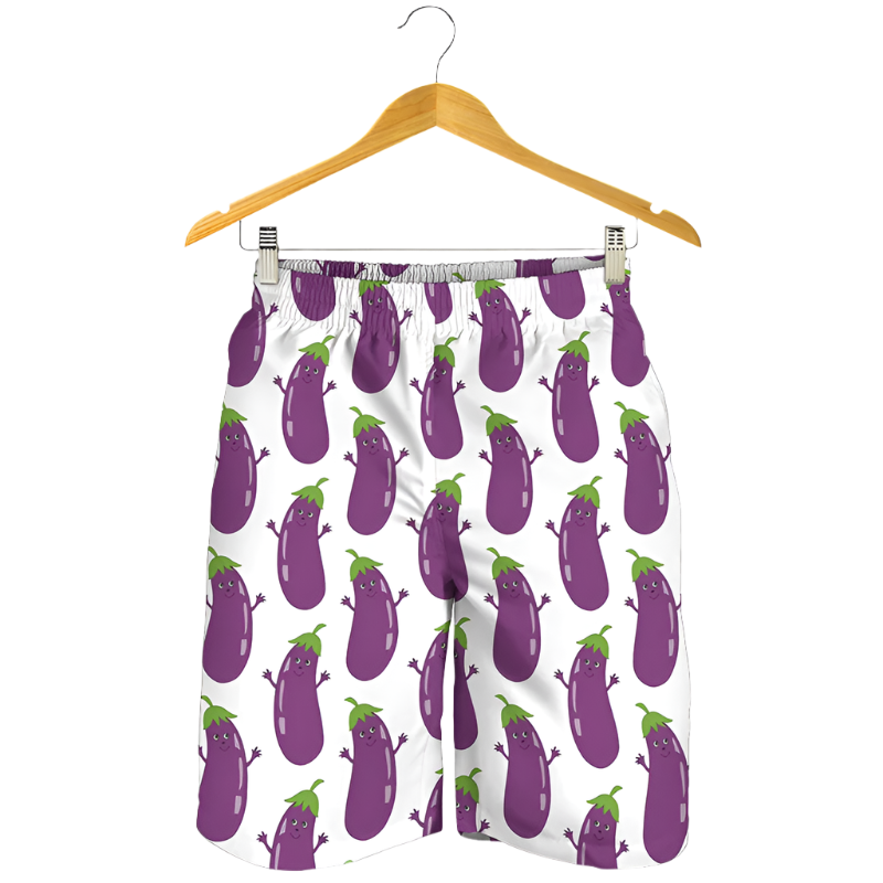 Cheeky Eggplant 3D Print Beach Shorts featuring playful design, perfect for adult resort theme nights