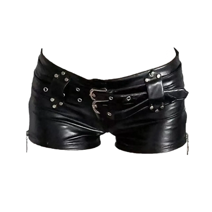 Women's PU Leather Booty Shorts with Double Belts for Resort Theme Nights and Club Events