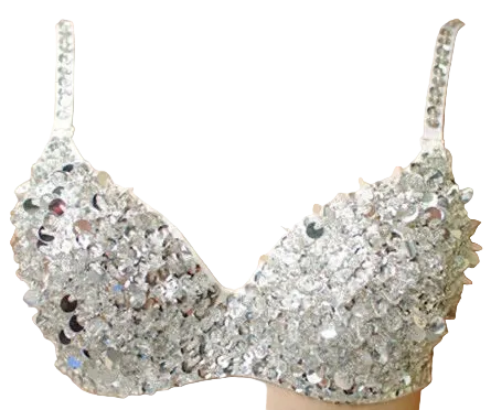 A close-up of a silver rhinestone-embellished bralette displayed on a beige mannequin torso against a warm peach background.