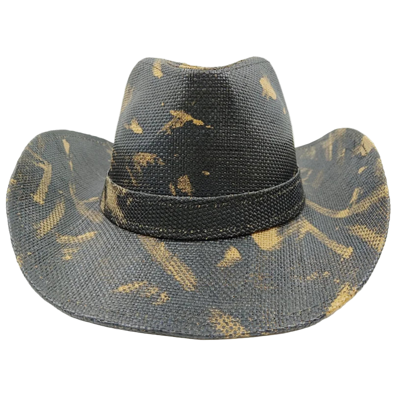Black and gold patterned cowboy hat on a white background