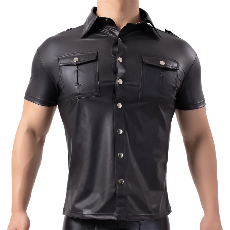 Black leather shirt with short sleeves on a white background