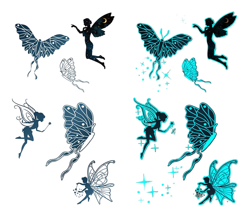 Fairy and butterfly tattoos on white and gray backgrounds