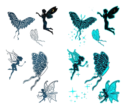 Fairy and butterfly tattoos on white and gray backgrounds