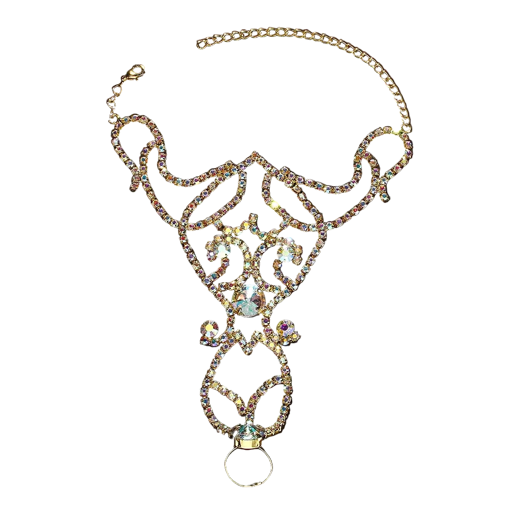 Gold-tone filigree collar necklace embellished with iridescent rhinestones and a central clear crystal, displayed on a dark background.