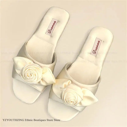 Elegant Rose Satin Women's Slippers Bride Wedding Slipper Wedding Photo Props Bridesmaid Romantic Gifts Summer Shoes Sandals