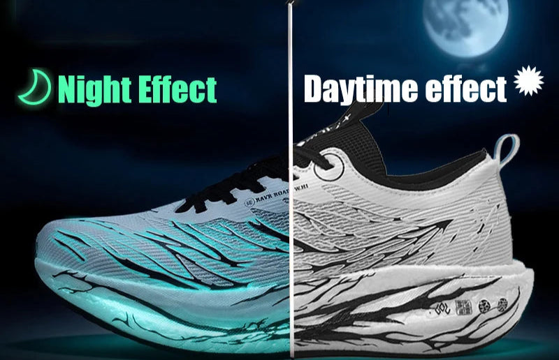 Glowing sneaker under night effect and normal light effect with promotional text.