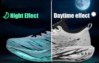 Glowing sneaker under night effect and normal light effect with promotional text.