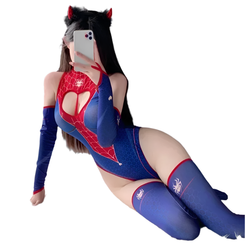 Luxury She Venom inspired bodysuit costume with matching gloves and stockings for themed resort wear