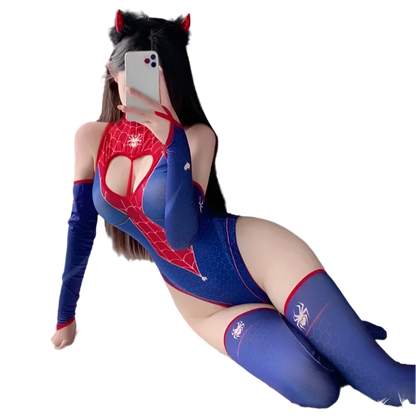 Luxury She Venom inspired bodysuit costume with matching gloves and stockings for themed resort wear