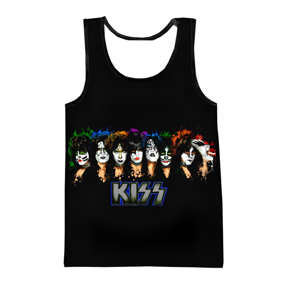 Black tank top with KISS band graphic on a white background