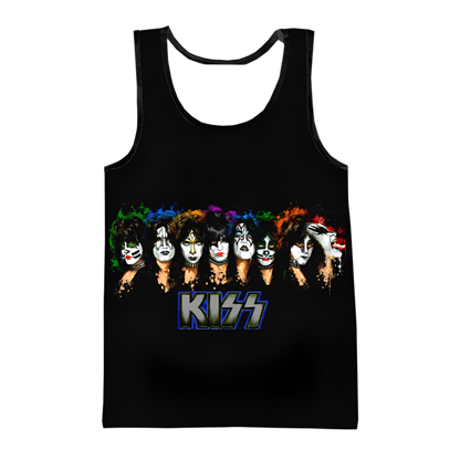 Black tank top with KISS band graphic on a white background