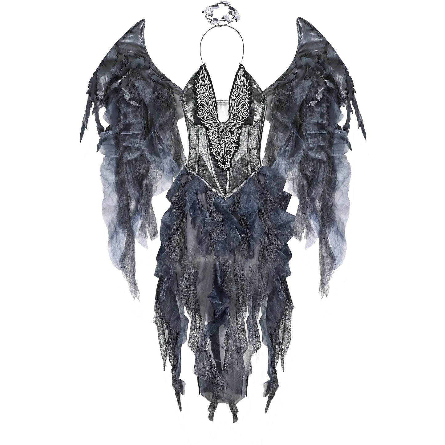 Angel Costume: A dramatic angel costume featuring large, silver wings and a corset-style top with intricate detailing. The outfit includes a layered tulle skirt, creating an ethereal and elegant look.

